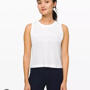 Lululemon breeze by muscle crop top logo white